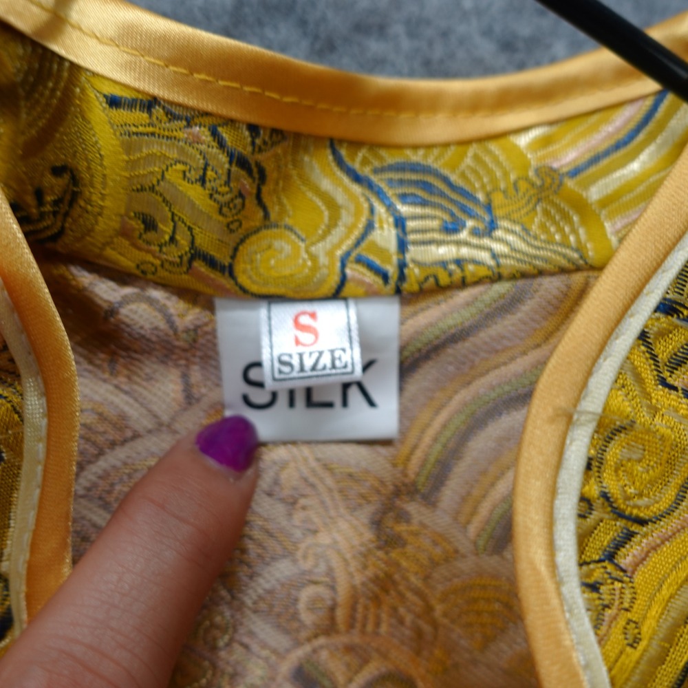 Mandarin Collar Tang Suit Jacket Womens S Yellow Silk Brocade Chinese Cheongsam - Picture 4 of 13